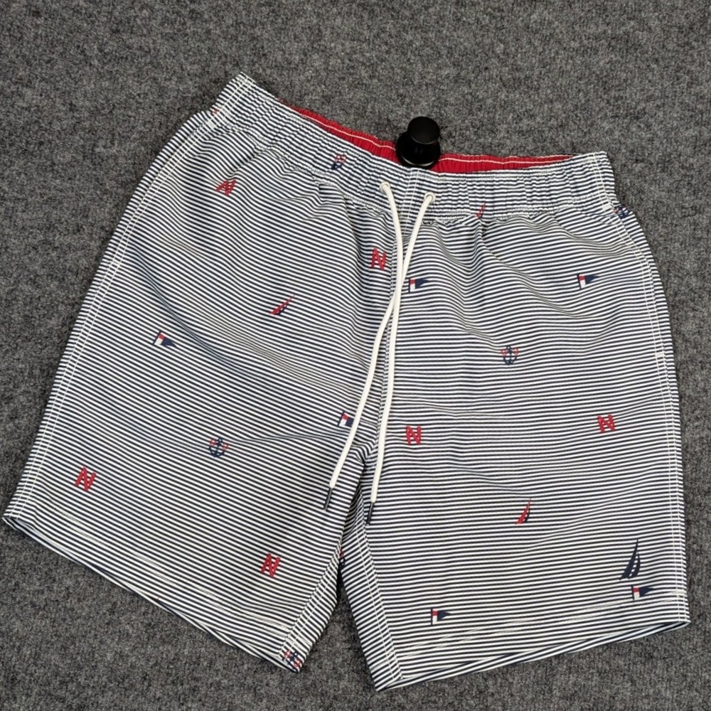 Nautica‎ Swim Trunks Navy White Striped Nautical Sailboat Print Mens Medium